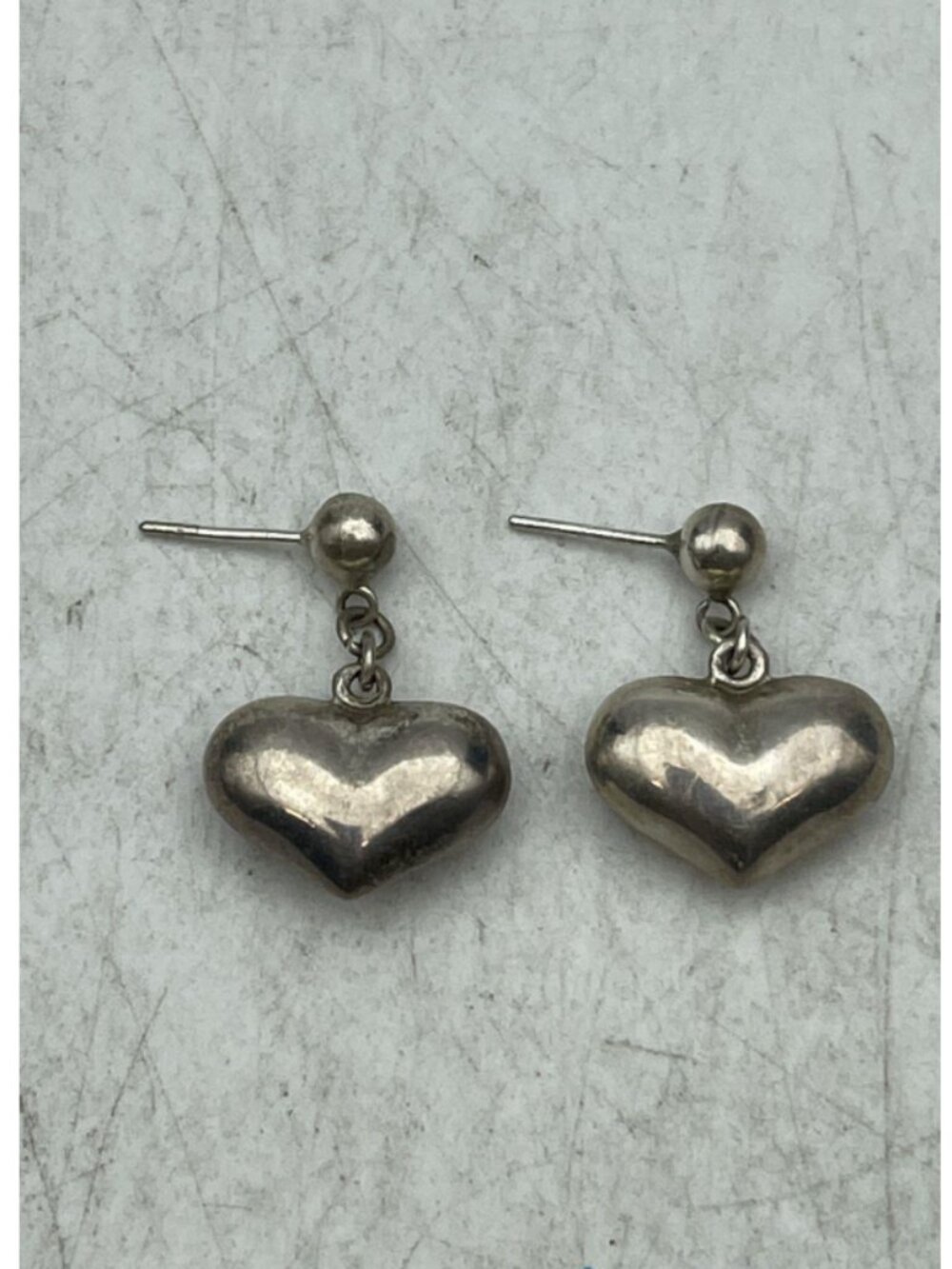 Vintage 950 High Purity Silver Puffy Heart Drop Dangle Stud Earrings 3.6g